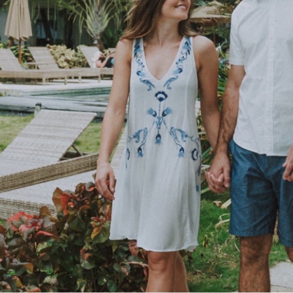 Free People White and Blue Embroidered Dress